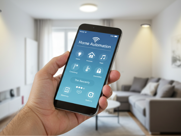 A smartphone displaying a smart home automation app, showing control options for lighting and security features
