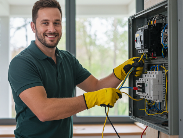 A smiling electrician wearing gloves, working on an electrical panel while installing or adjusting wiring, with a bright background and natural light coming through a window