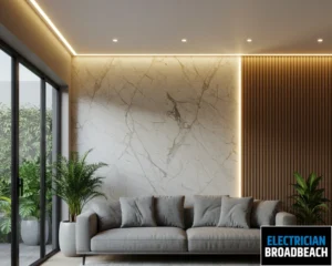 A stylish living room with ambient lighting from wall sconces and floor lighting