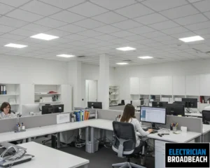 A well-lit office with ceiling panels and neat rows of desks