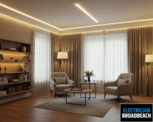 A stylish living room with ambient lighting from wall sconces and floor lighting
